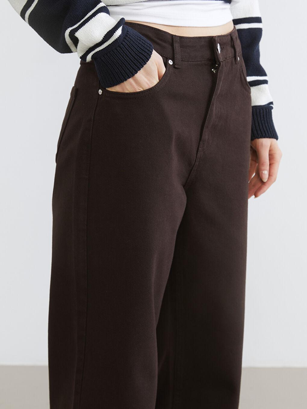 Kahverengi Wideleg Kadın Jean Pantolon-2