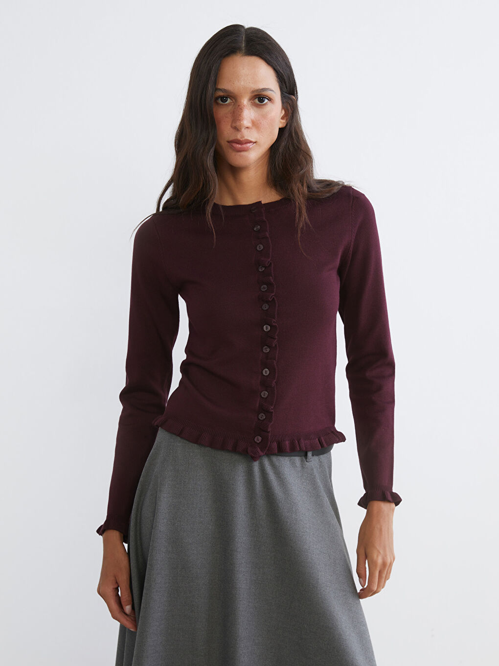 Cardigan Tricotat pentru Femei cu Guler Rotund și Volănașe