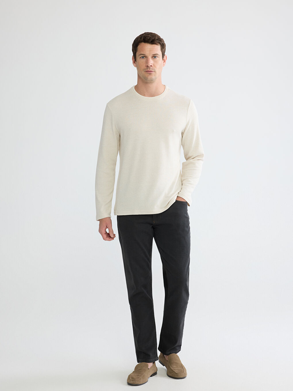 Bej Regular Fit Bisiklet Yaka Erkek Sweatshirt-1