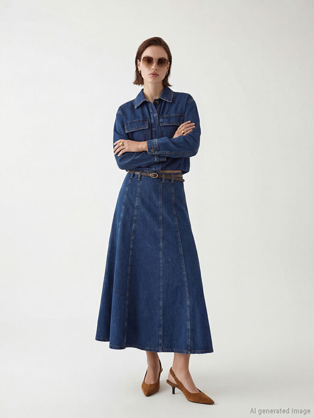 İndigo Yüksek Bel Kemerli Kloş Jean Etek