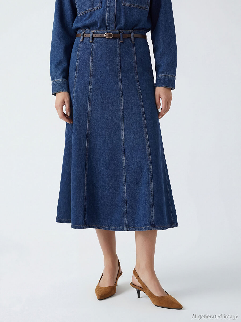 İndigo Yüksek Bel Kemerli Kloş Jean Etek-1