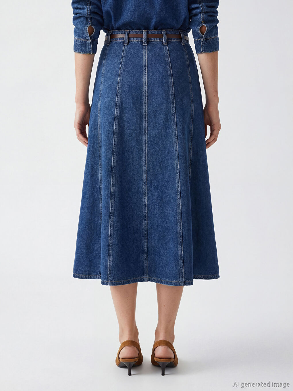 İndigo Yüksek Bel Kemerli Kloş Jean Etek-2