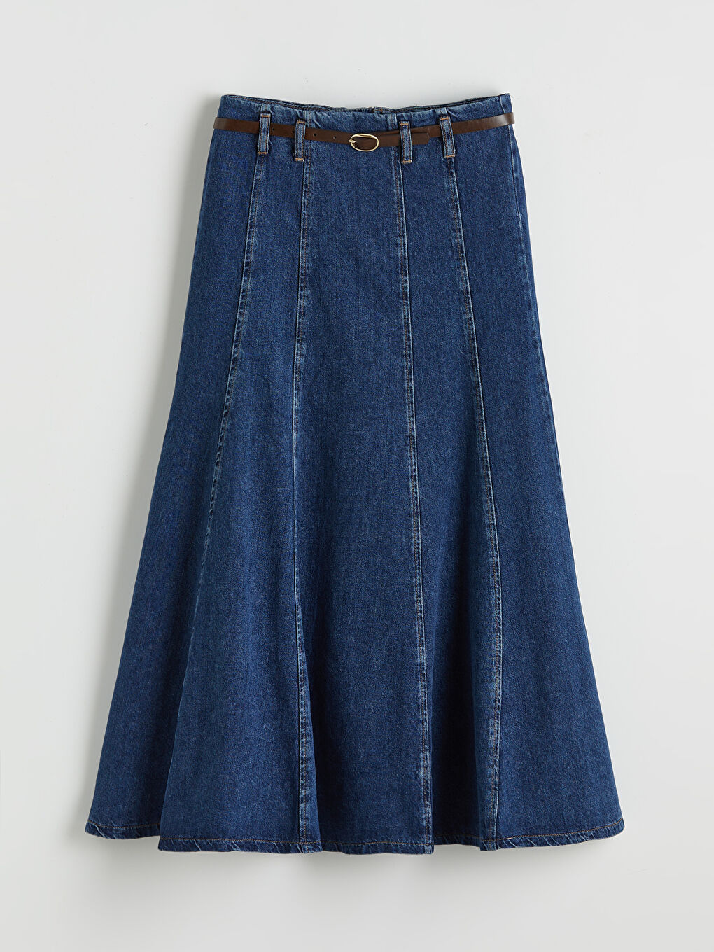 İndigo Yüksek Bel Kemerli Kloş Jean Etek-3