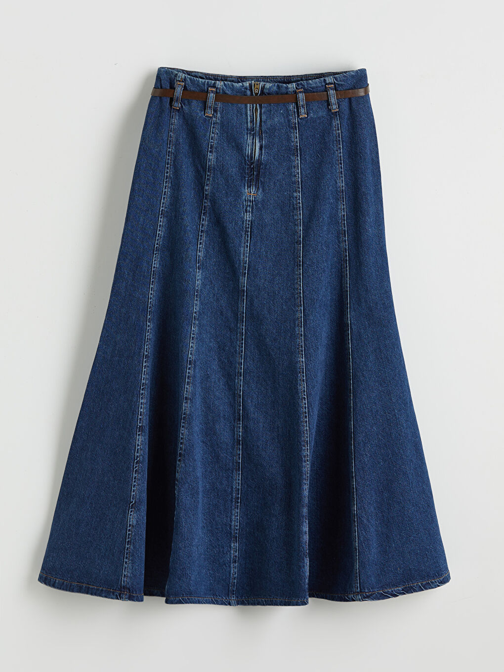 İndigo Yüksek Bel Kemerli Kloş Jean Etek-4