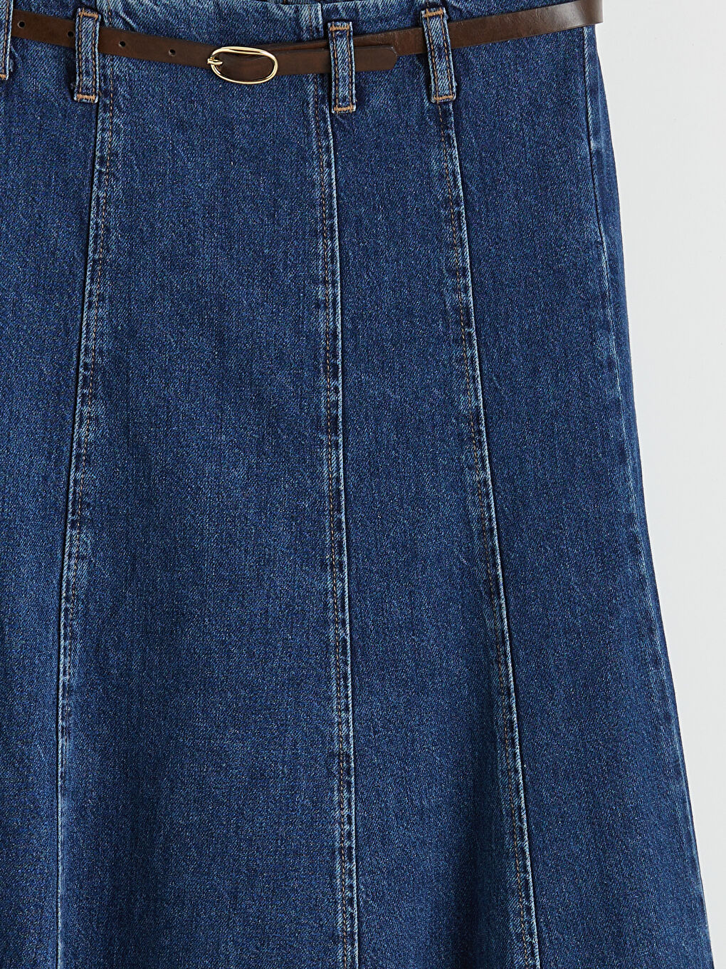 İndigo Yüksek Bel Kemerli Kloş Jean Etek-5