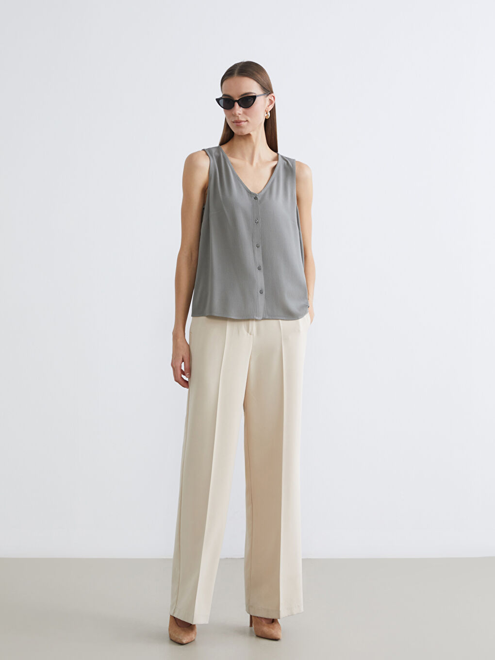 Haki V Yaka Dokulu Bluz-1