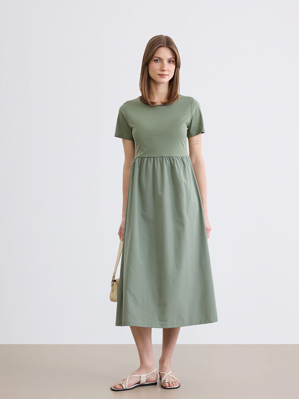 Haki Bisiklet Yaka Belden Oturtmalı Elbise-1