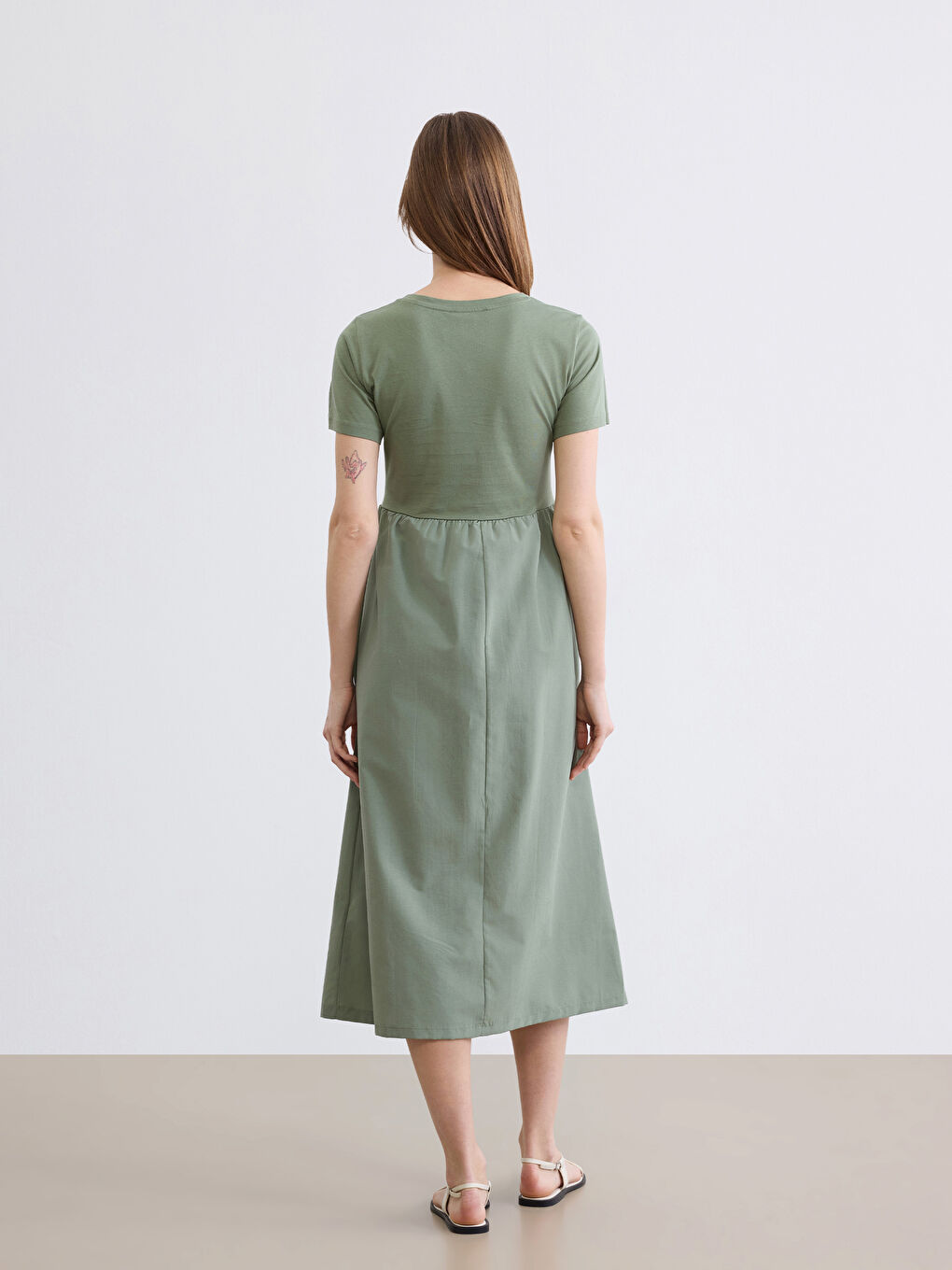 Haki Bisiklet Yaka Belden Oturtmalı Elbise-3