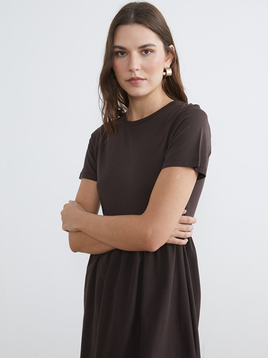 Kahverengi Bisiklet Yaka Belden Oturtmalı Elbise-1