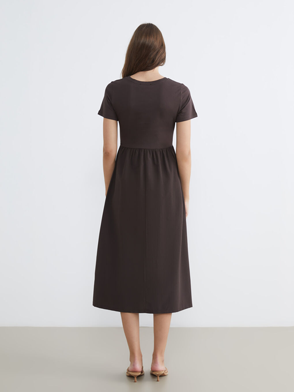 Kahverengi Bisiklet Yaka Belden Oturtmalı Elbise-3