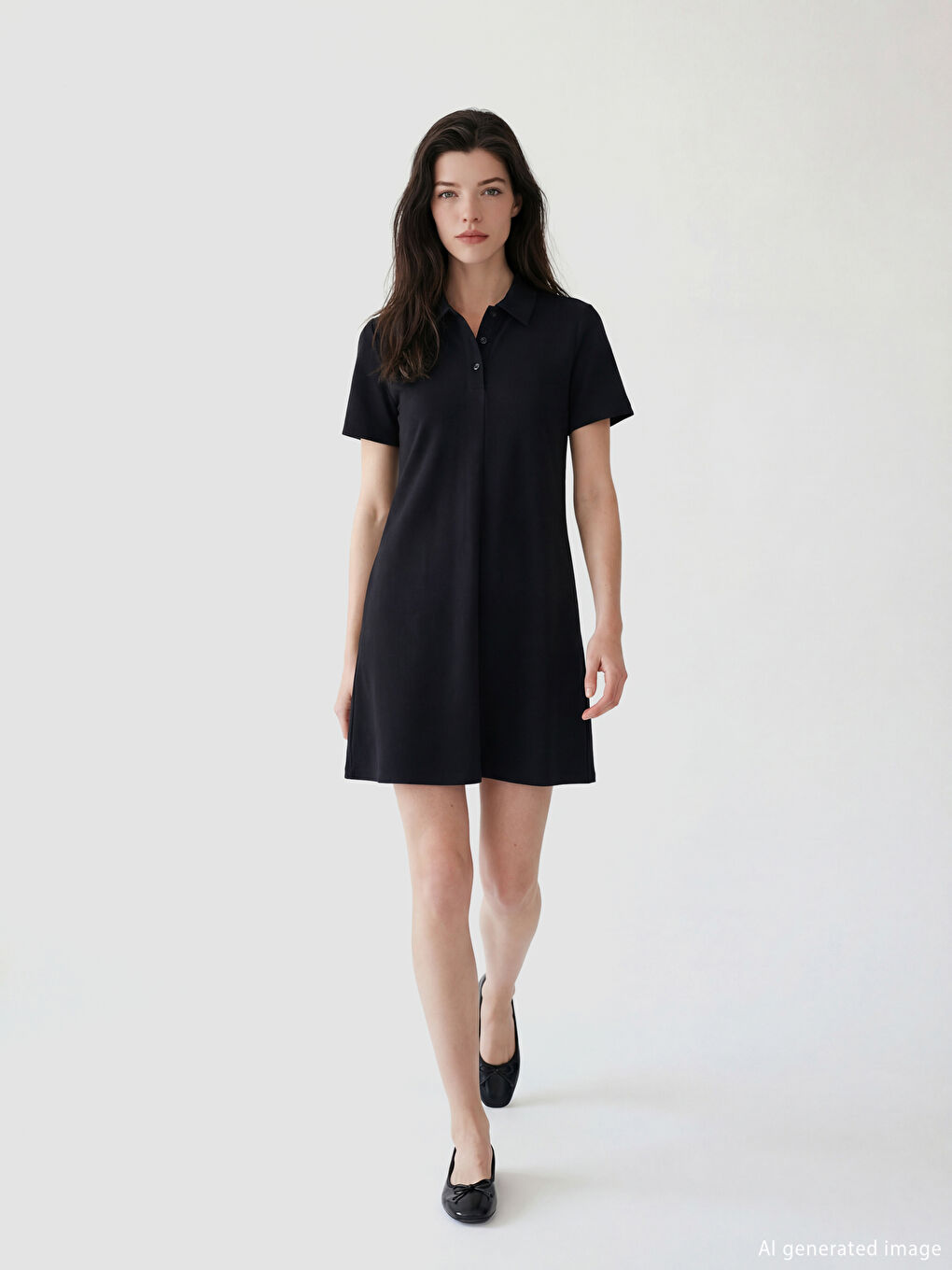 Siyah Gömlek Yaka Mini Elbise-1