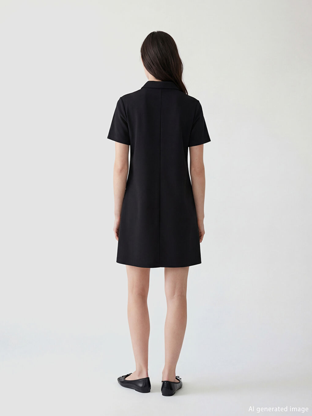 Siyah Gömlek Yaka Mini Elbise-3