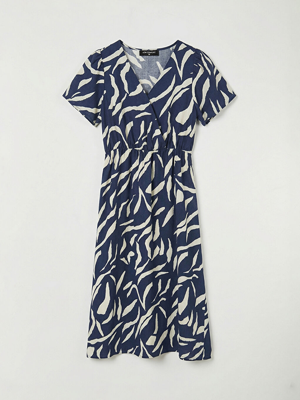 Lacivert Kruvaze Yaka Desenli Belden Oturtmalı Elbise-4