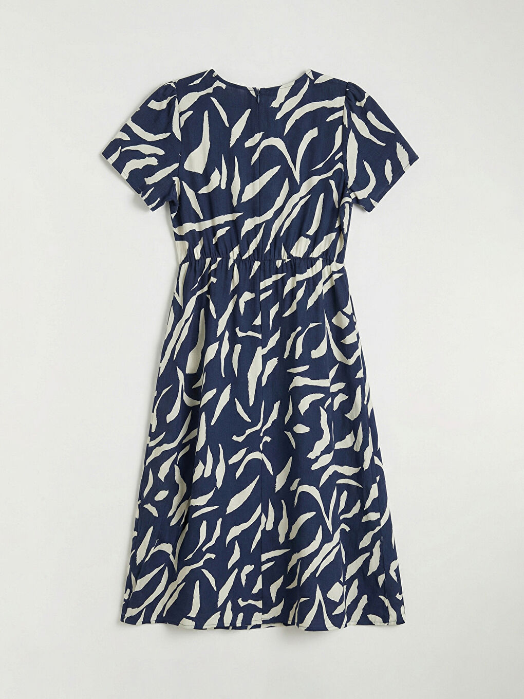 Lacivert Kruvaze Yaka Desenli Belden Oturtmalı Elbise-5