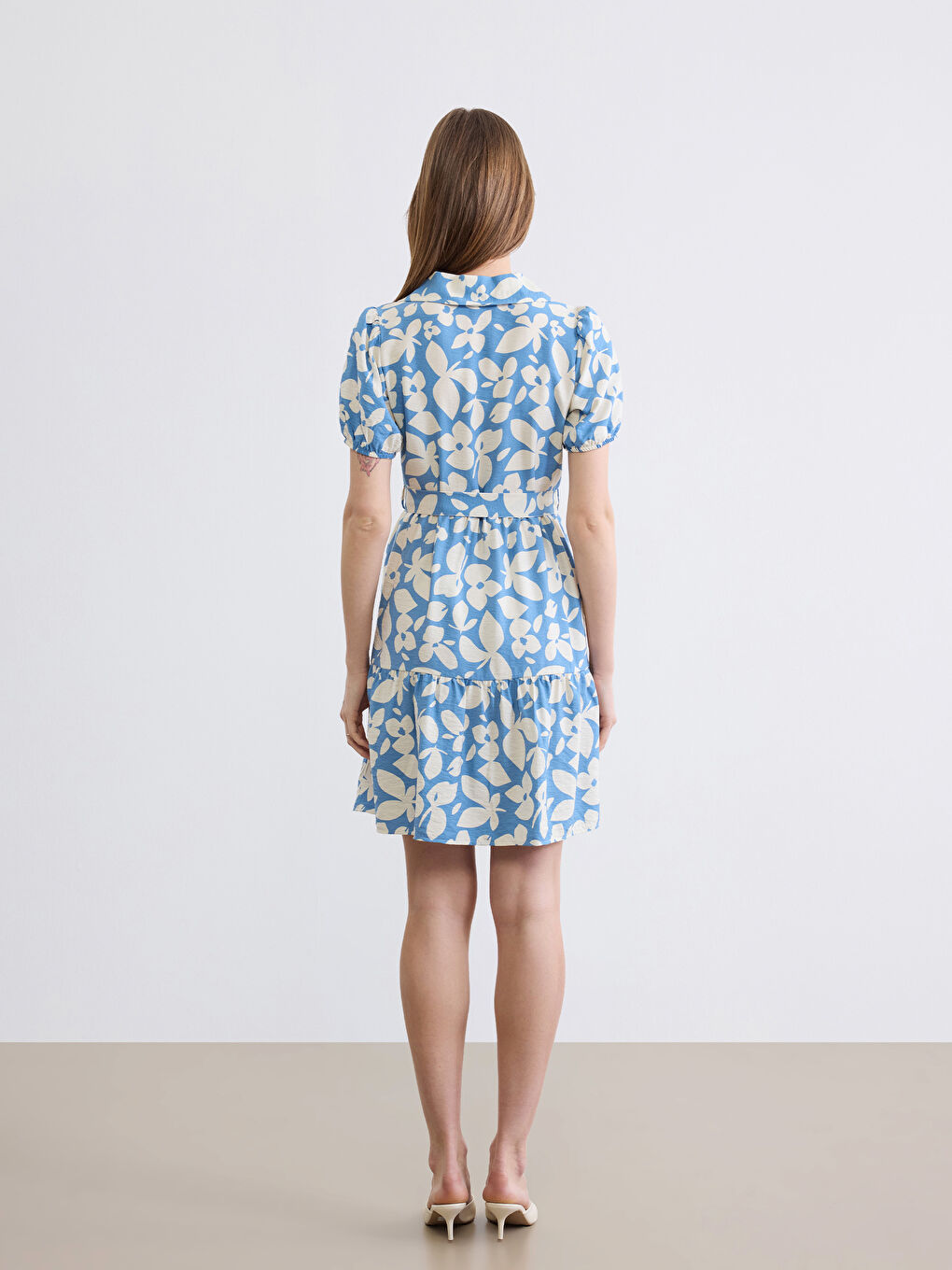 Mavi Gömlek Yaka Çiçekli Mini Elbise-3