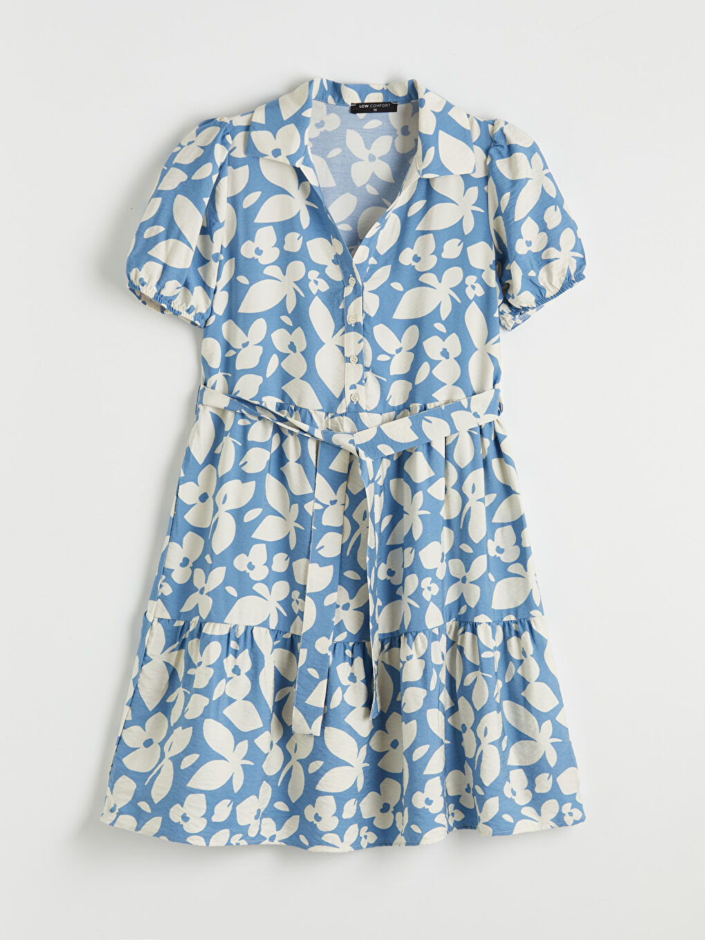 Mavi Gömlek Yaka Çiçekli Mini Elbise-4