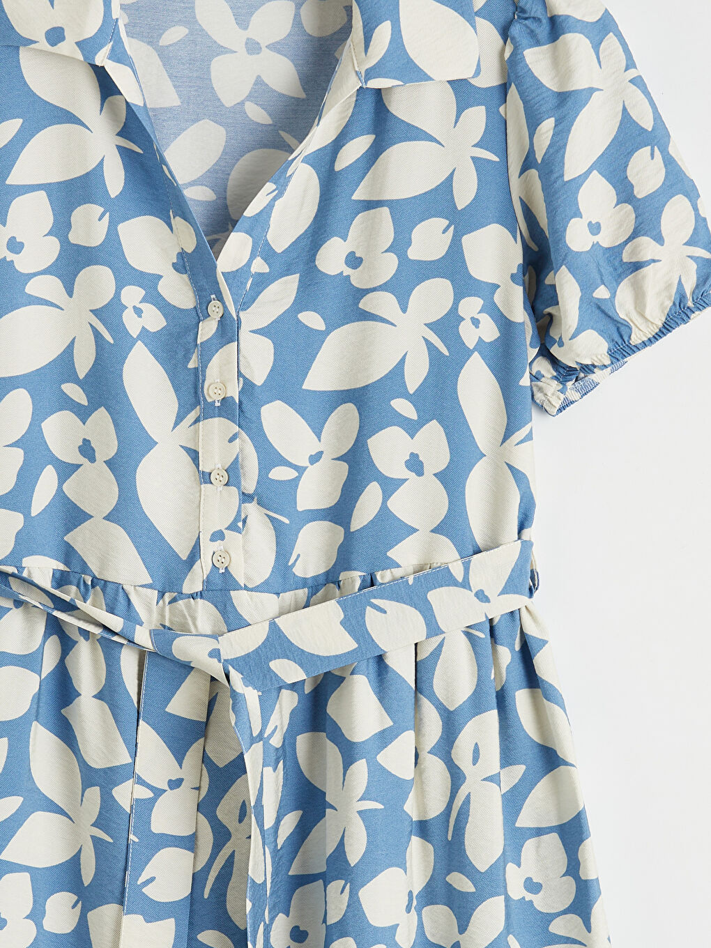 Mavi Gömlek Yaka Çiçekli Mini Elbise-6