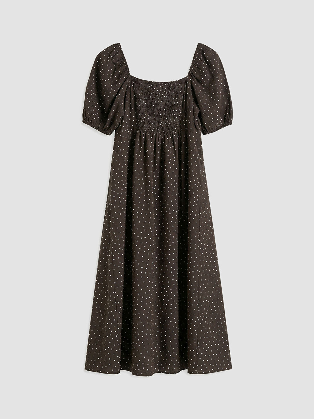 Kahverengi Kare Yaka Puantiyeli Yırtmaçlı Elbise	-4