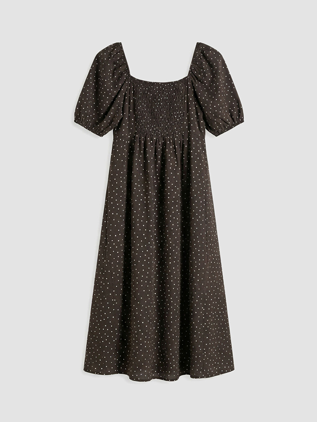 Kahverengi Kare Yaka Puantiyeli Yırtmaçlı Elbise	-5