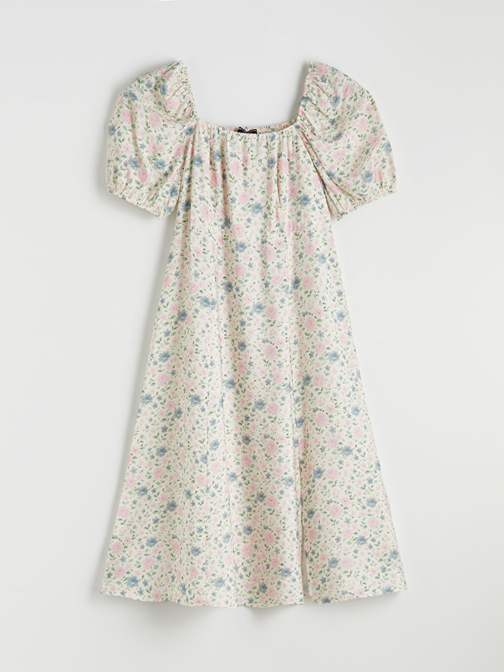 Ekru Kare Yaka Çiçekli Yırtmaçlı Elbise	-4