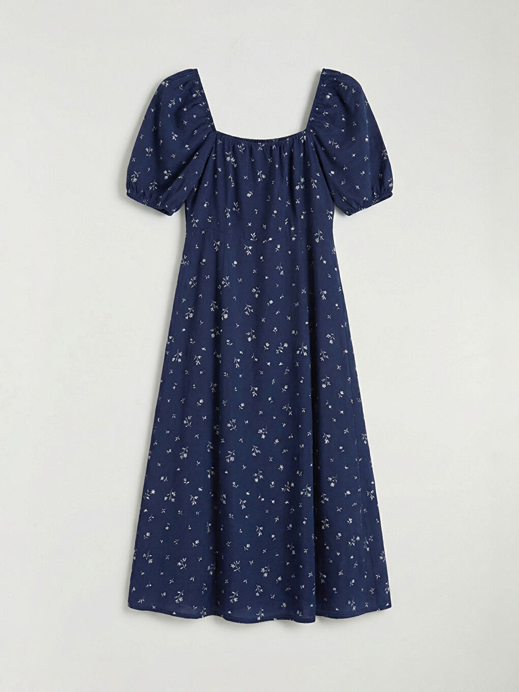 İndigo Kare Yaka Çiçekli Yırtmaçlı Elbise	-4