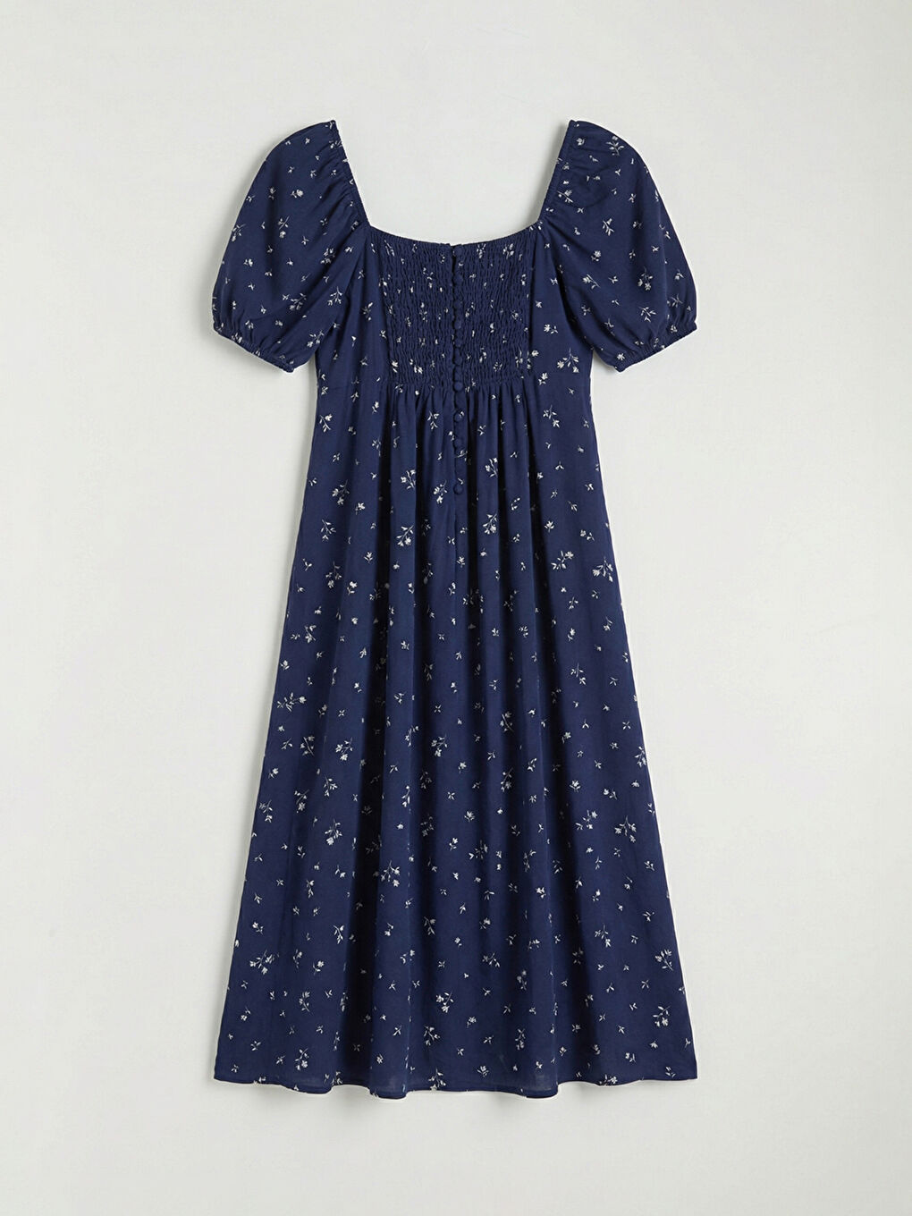 İndigo Kare Yaka Çiçekli Yırtmaçlı Elbise	-5