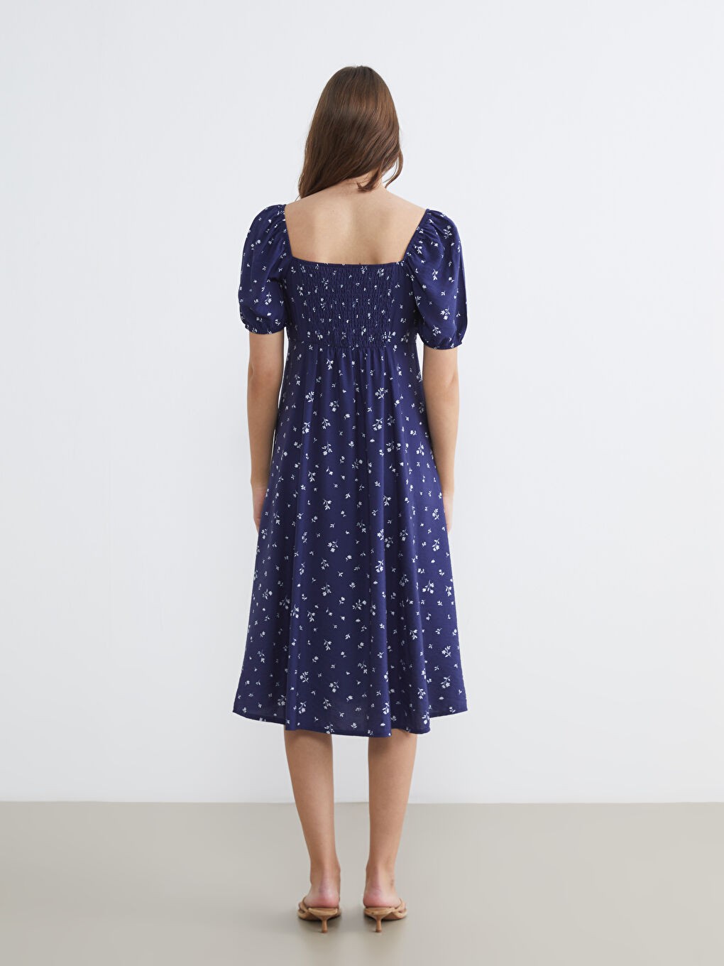 İndigo Kare Yaka Çiçekli Yırtmaçlı Elbise	-3