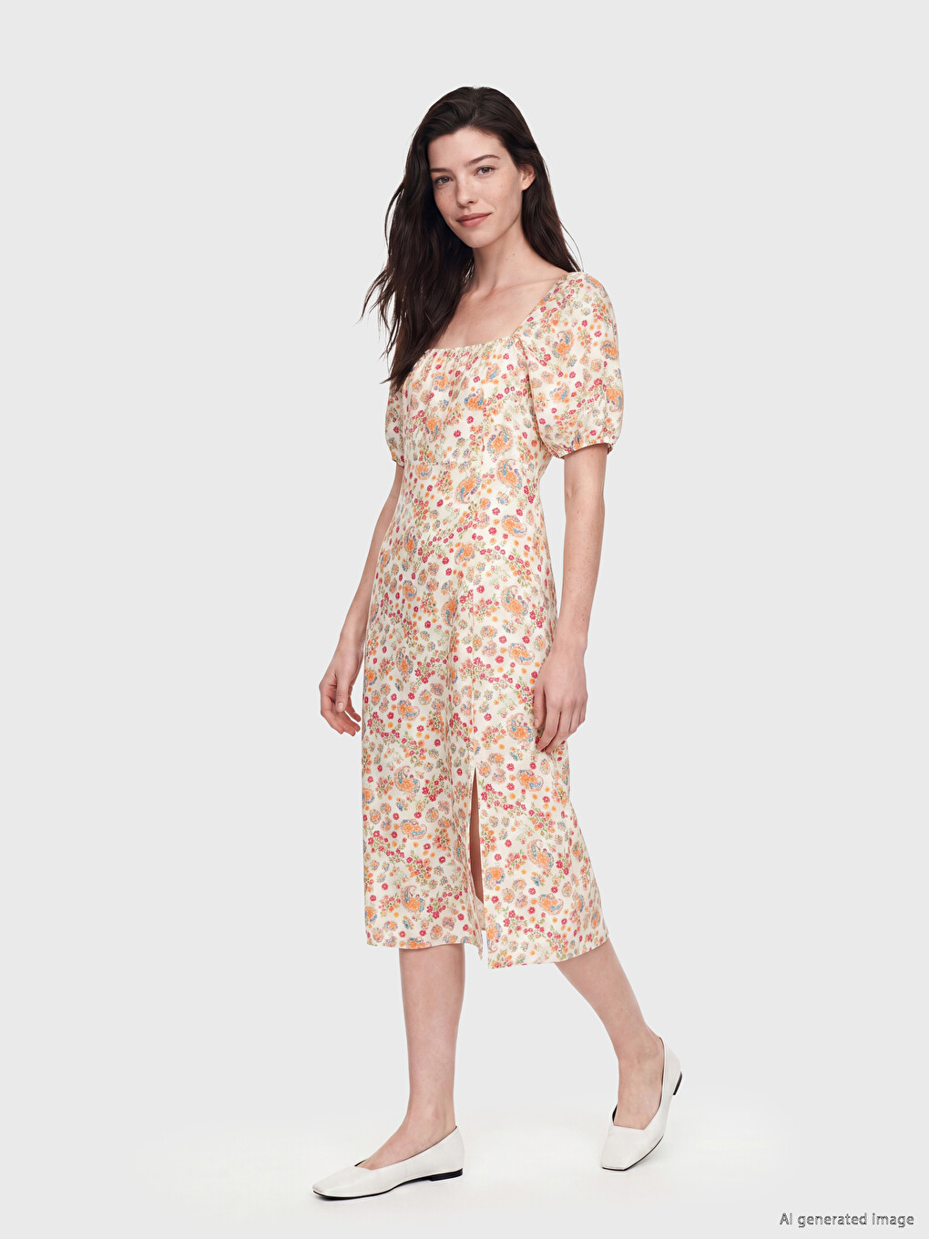 Square Neck Floral Slit Dress