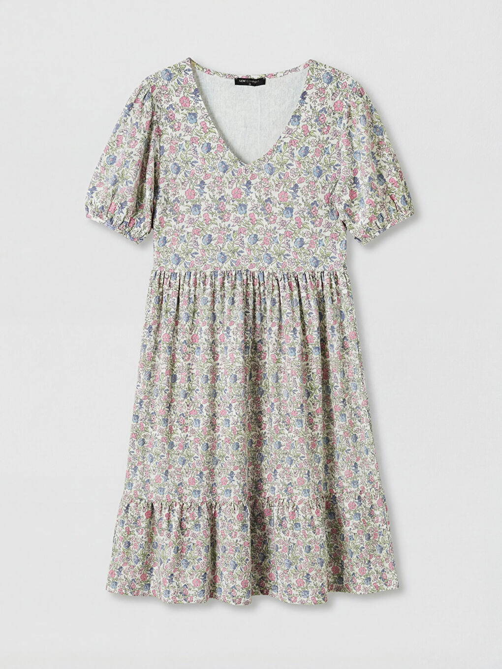 Karışık V Yaka Çiçekli Balon Kollu Katkat Elbise