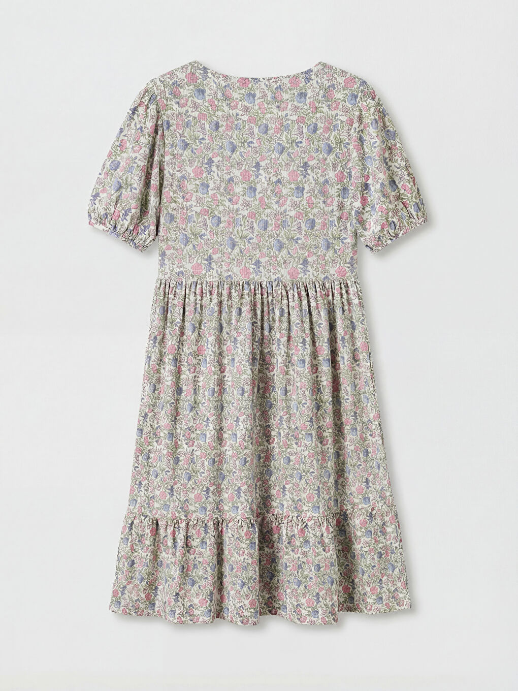 Karışık V Yaka Çiçekli Balon Kollu Katkat Elbise-1