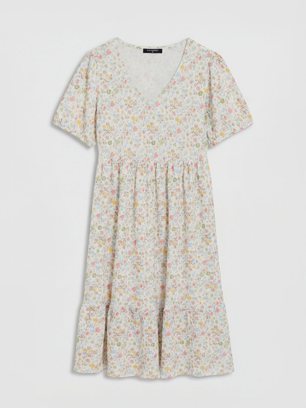 Mavi V Yaka Çiçekli Balon Kollu Katkat Elbise