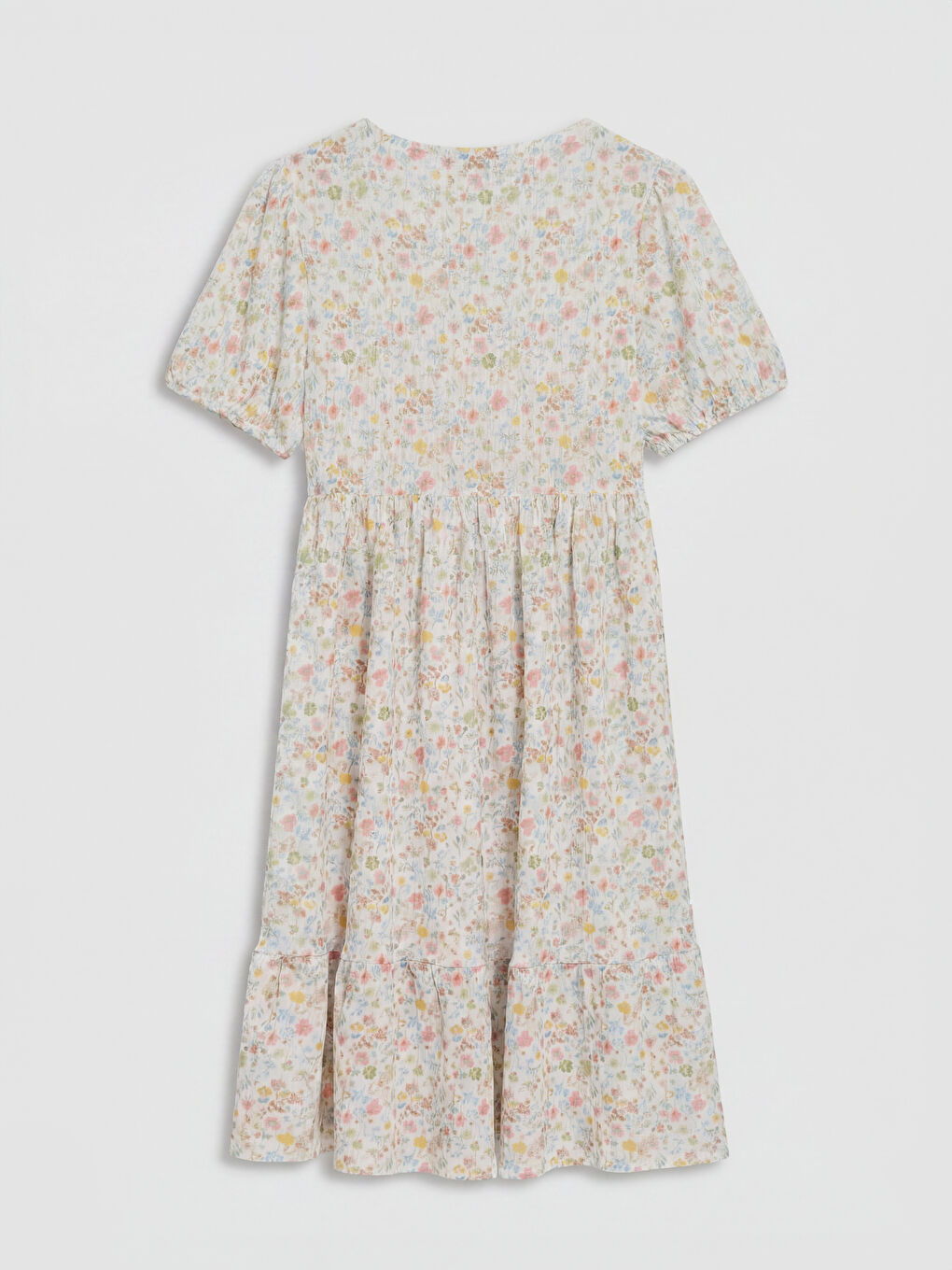 Mavi V Yaka Çiçekli Balon Kollu Katkat Elbise-1