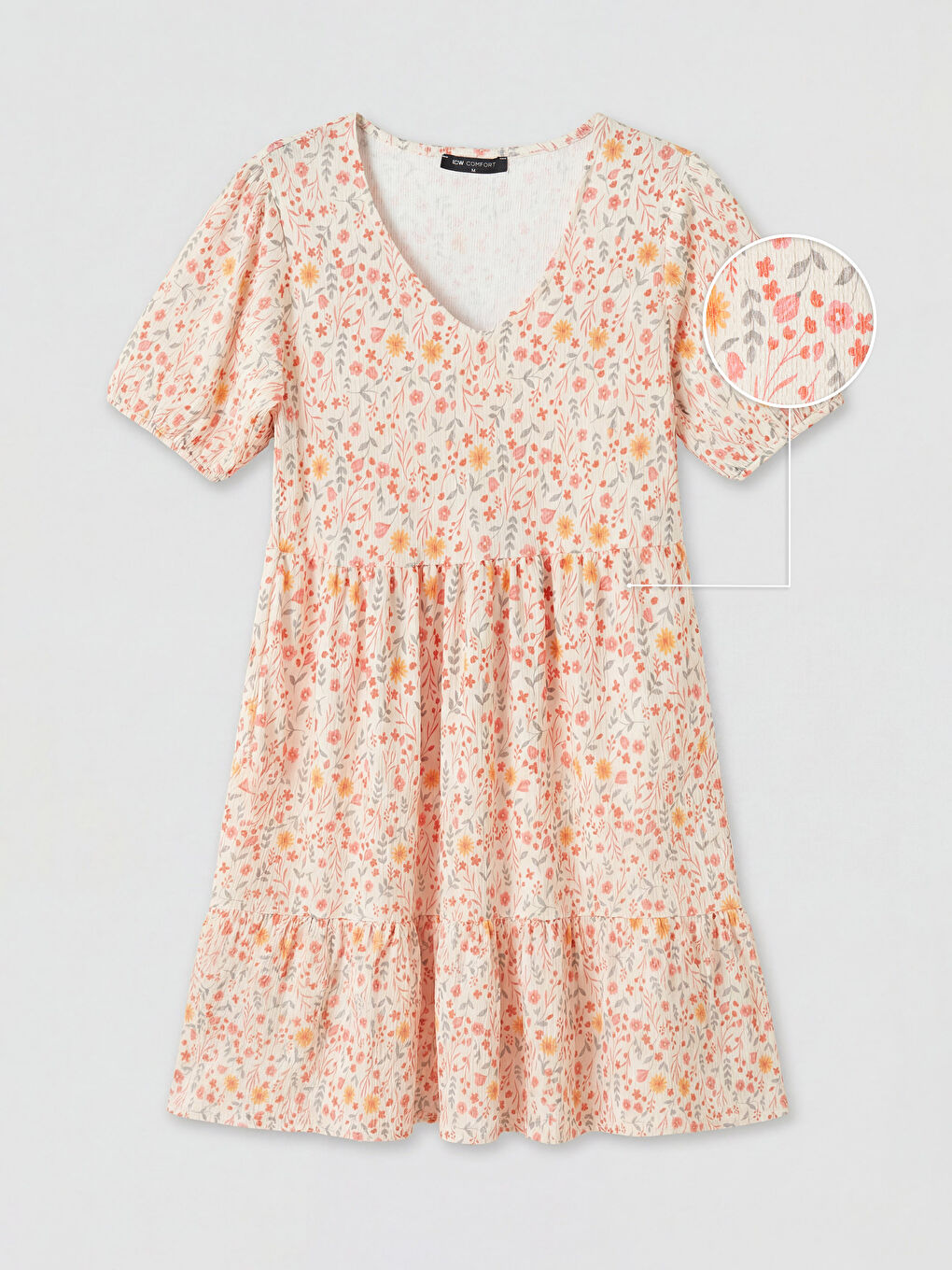 Kırmızı V Yaka Çiçekli Balon Kollu Katkat Elbise