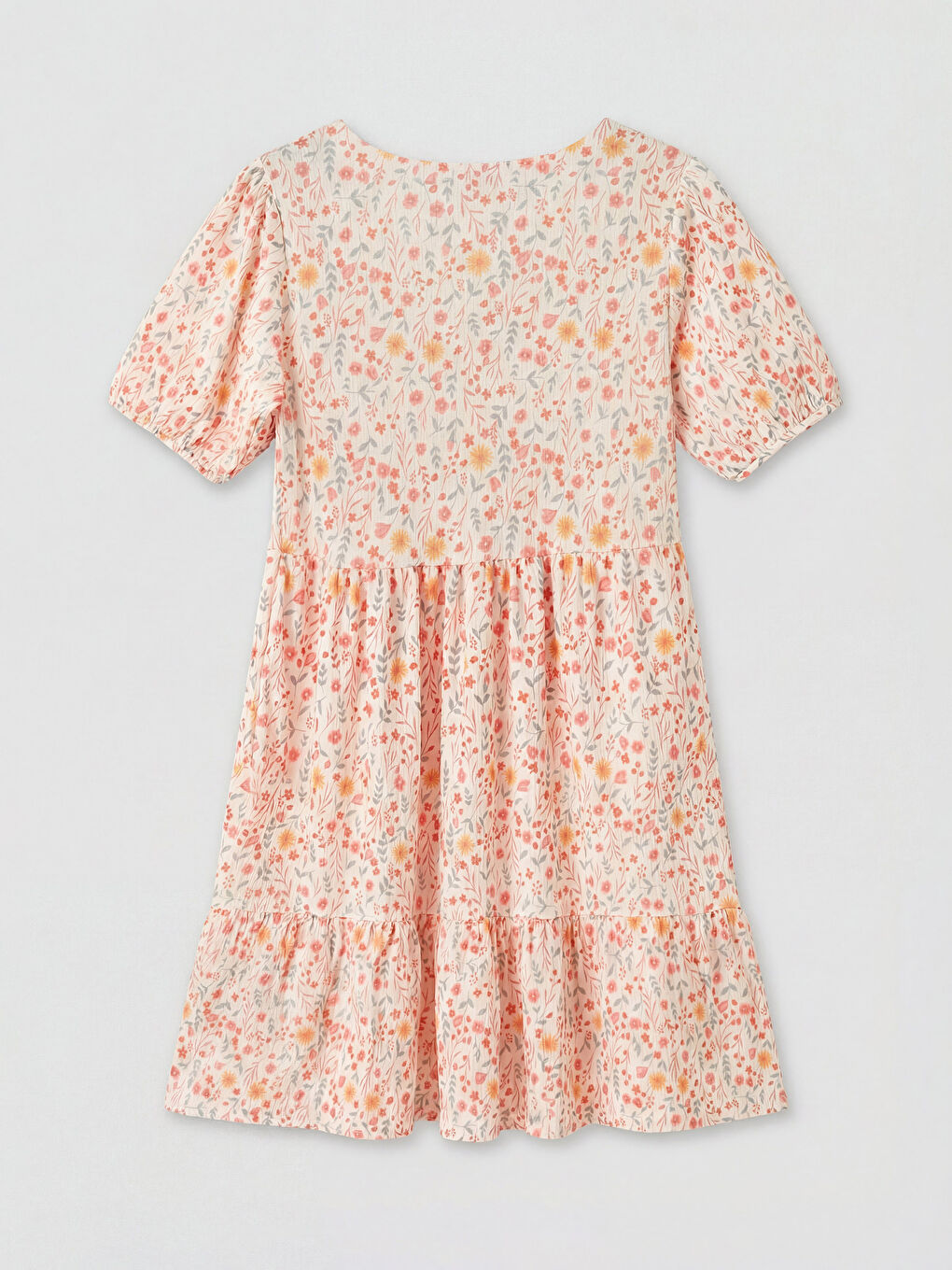 Kırmızı V Yaka Çiçekli Balon Kollu Katkat Elbise-1