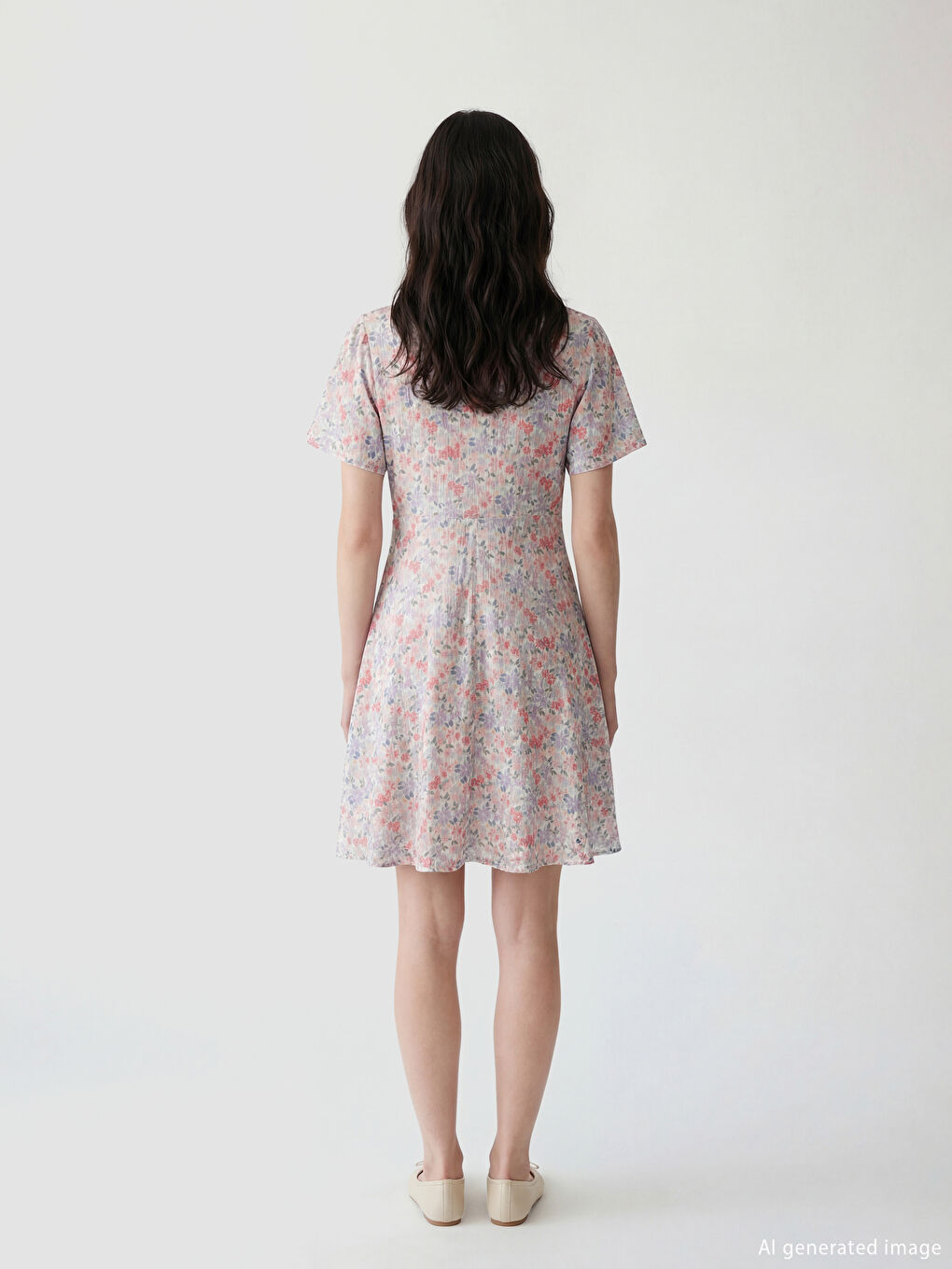 Lila Kruvaze Yaka Çiçekli Belden Oturtmalı Mini Elbise-2