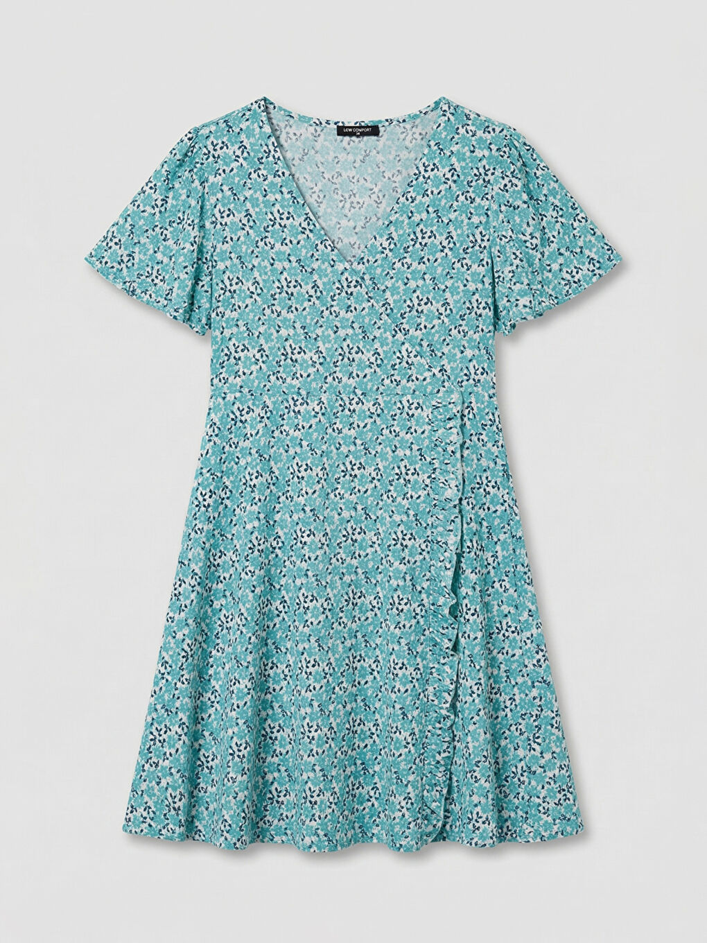 Mavi Kruvaze Yaka Çiçekli Belden Oturtmalı Mini Elbise-4