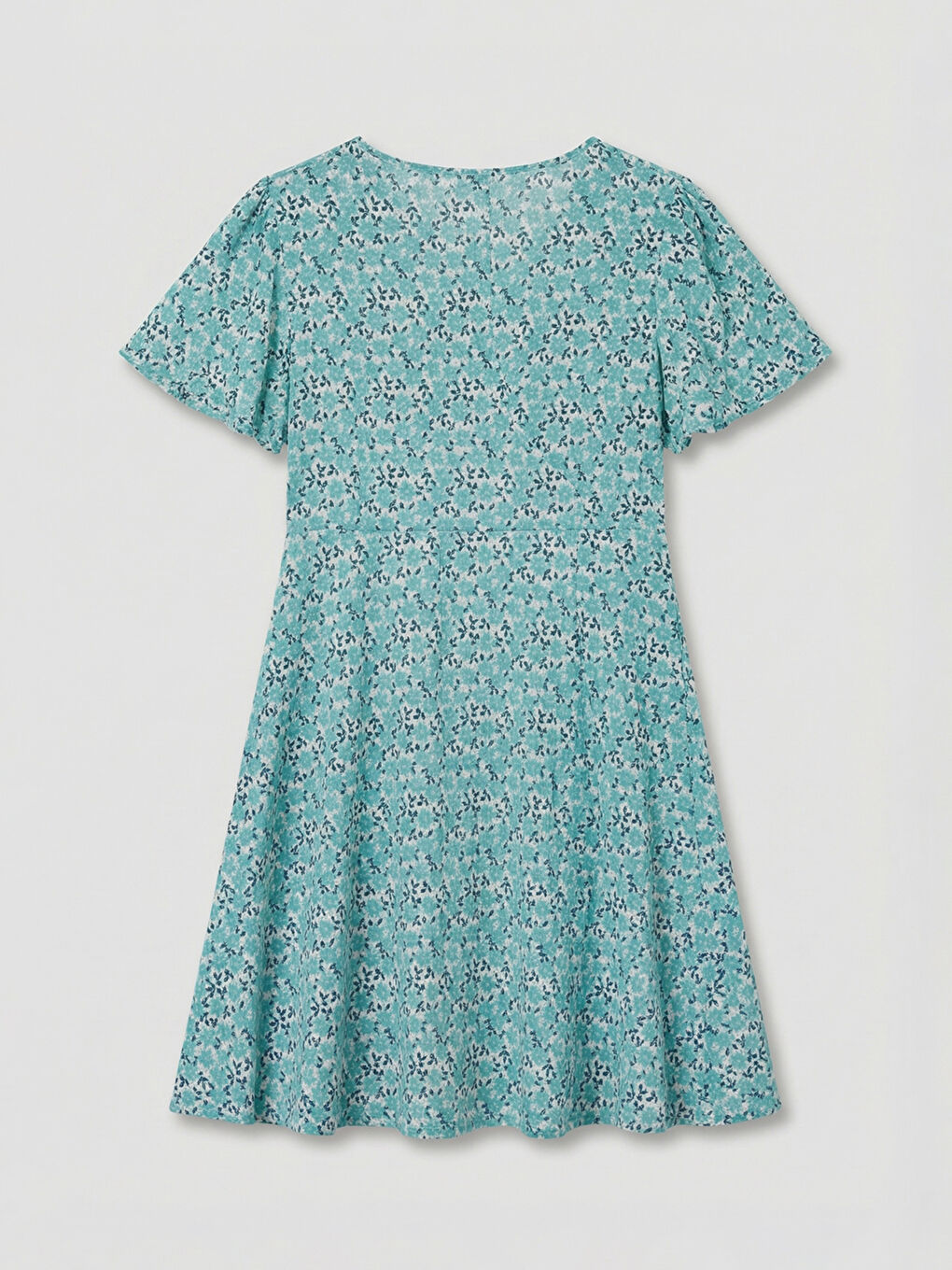 Mavi Kruvaze Yaka Çiçekli Belden Oturtmalı Mini Elbise-5