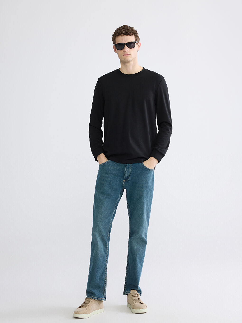 Siyah Bisiklet Yaka Uzun Kollu Erkek Tişört-1