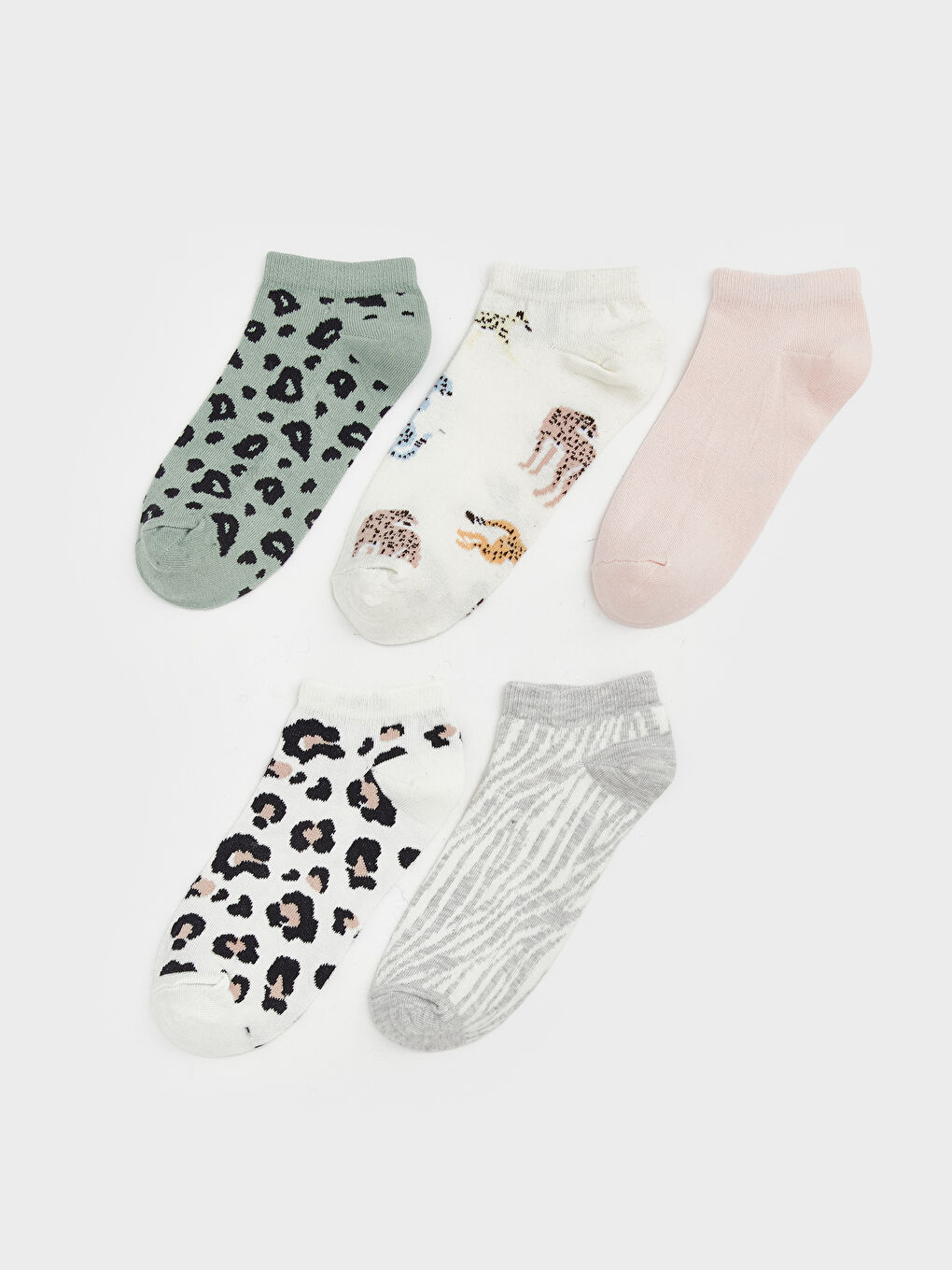Turkuaz Leopar Desenli Kadın Patik Çorap 5'li