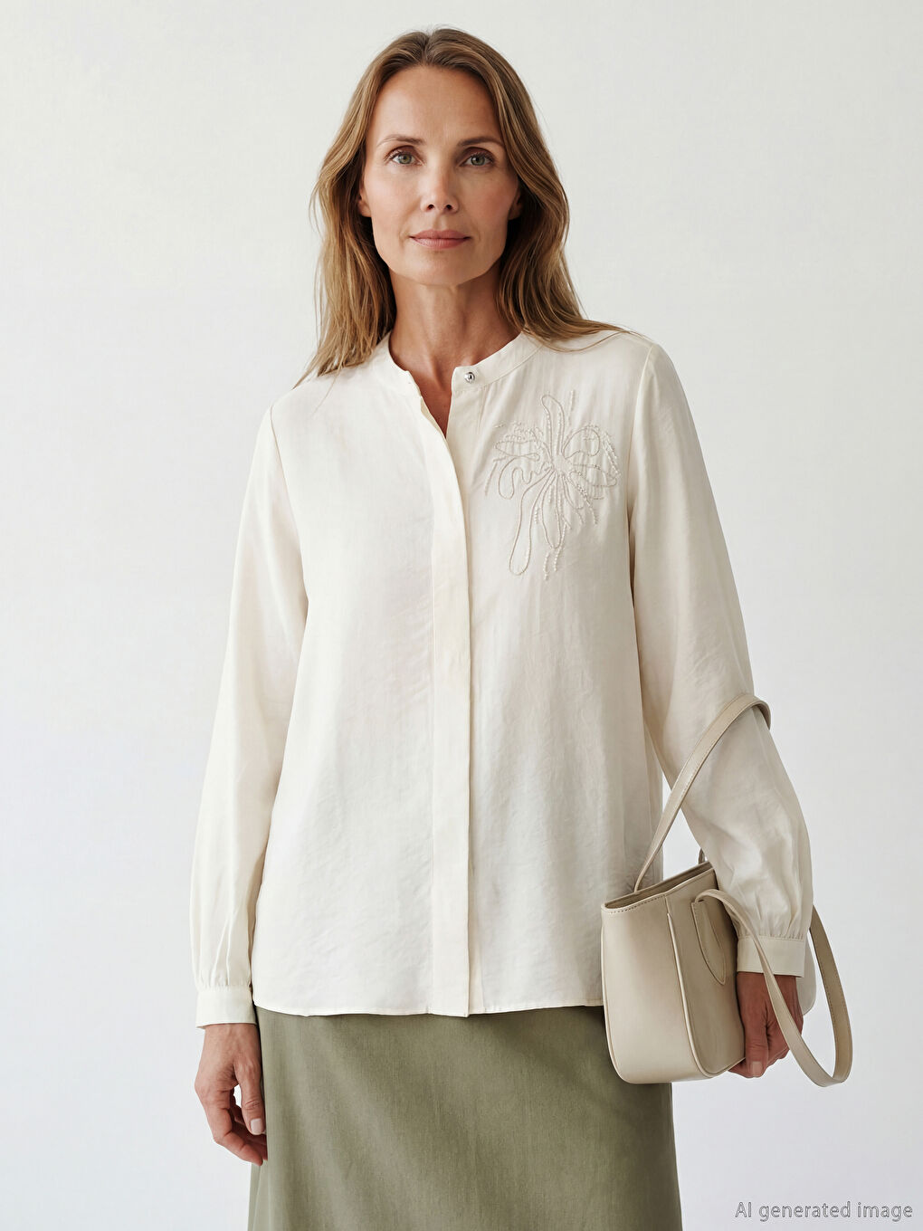 Ekru Hakim Yaka Nakışlı Kadın Gömlek