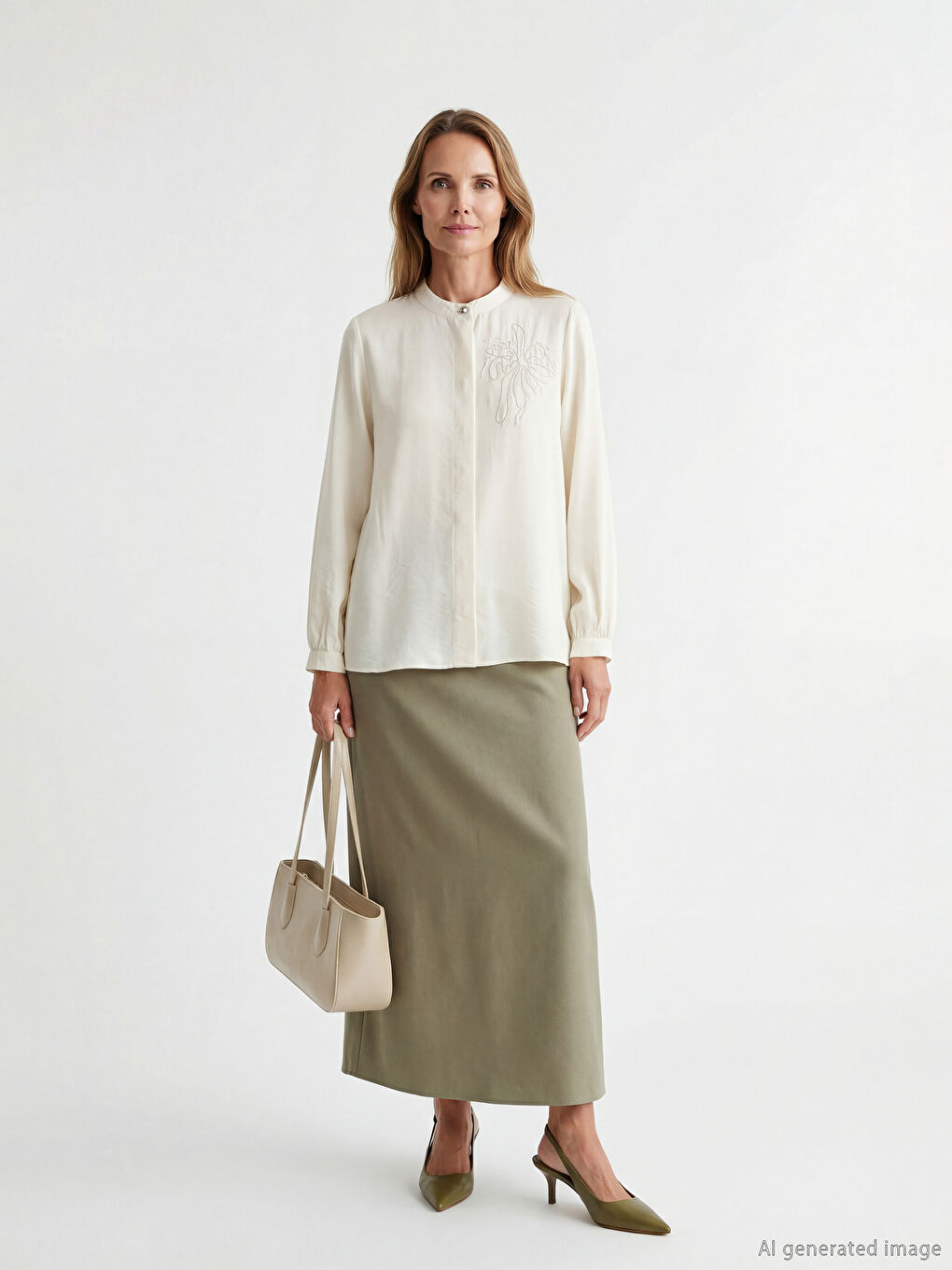 Ekru Hakim Yaka Nakışlı Kadın Gömlek-1