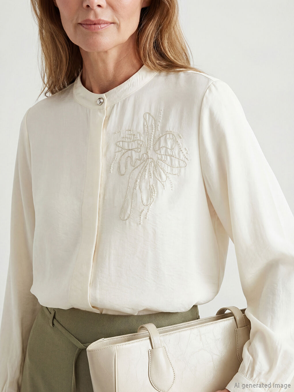 Ekru Hakim Yaka Nakışlı Kadın Gömlek-2