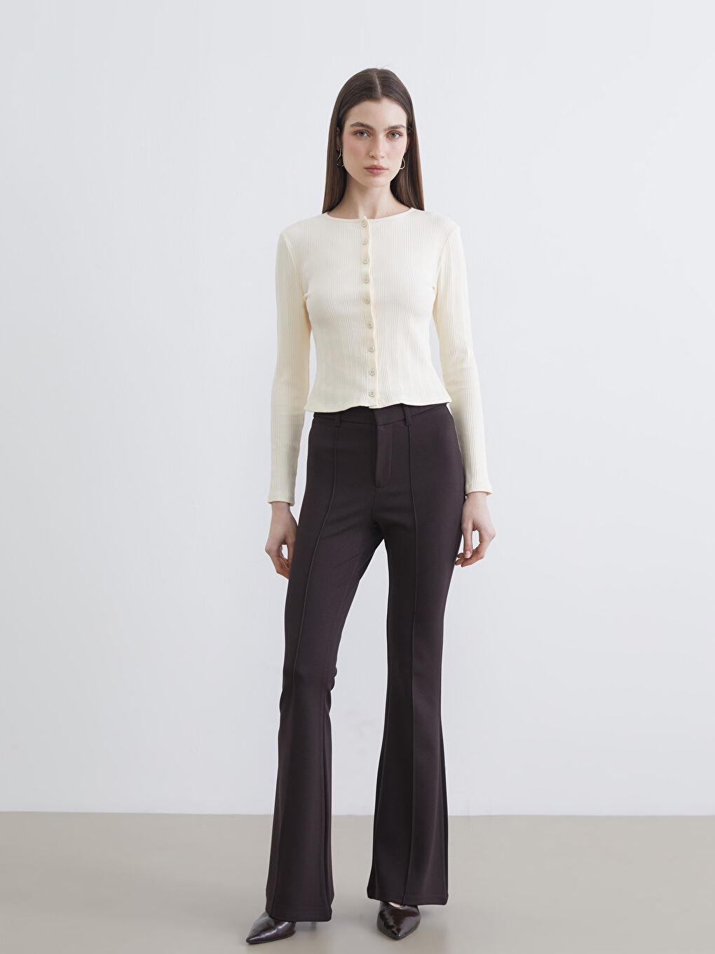 Kahverengi Yüksek Bel İspanyol Paça Kadın Pantolon