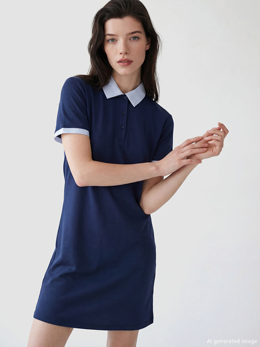 Lacivert Gömlek Yaka Mini Elbise-1