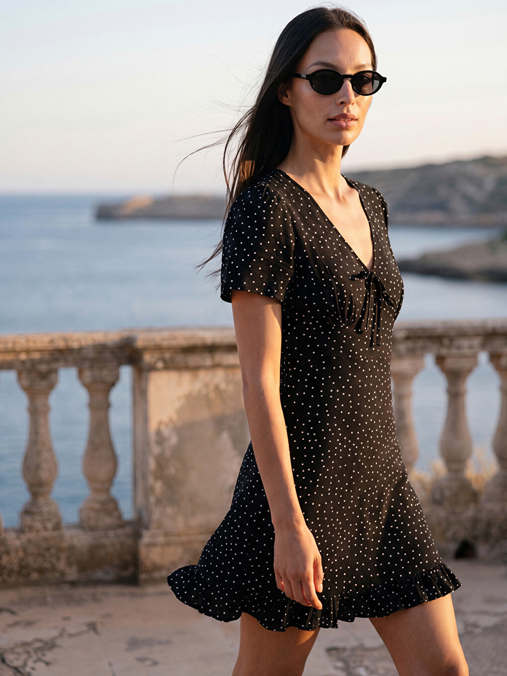 V Neck Polka Dot Ruched Mini Dress-2