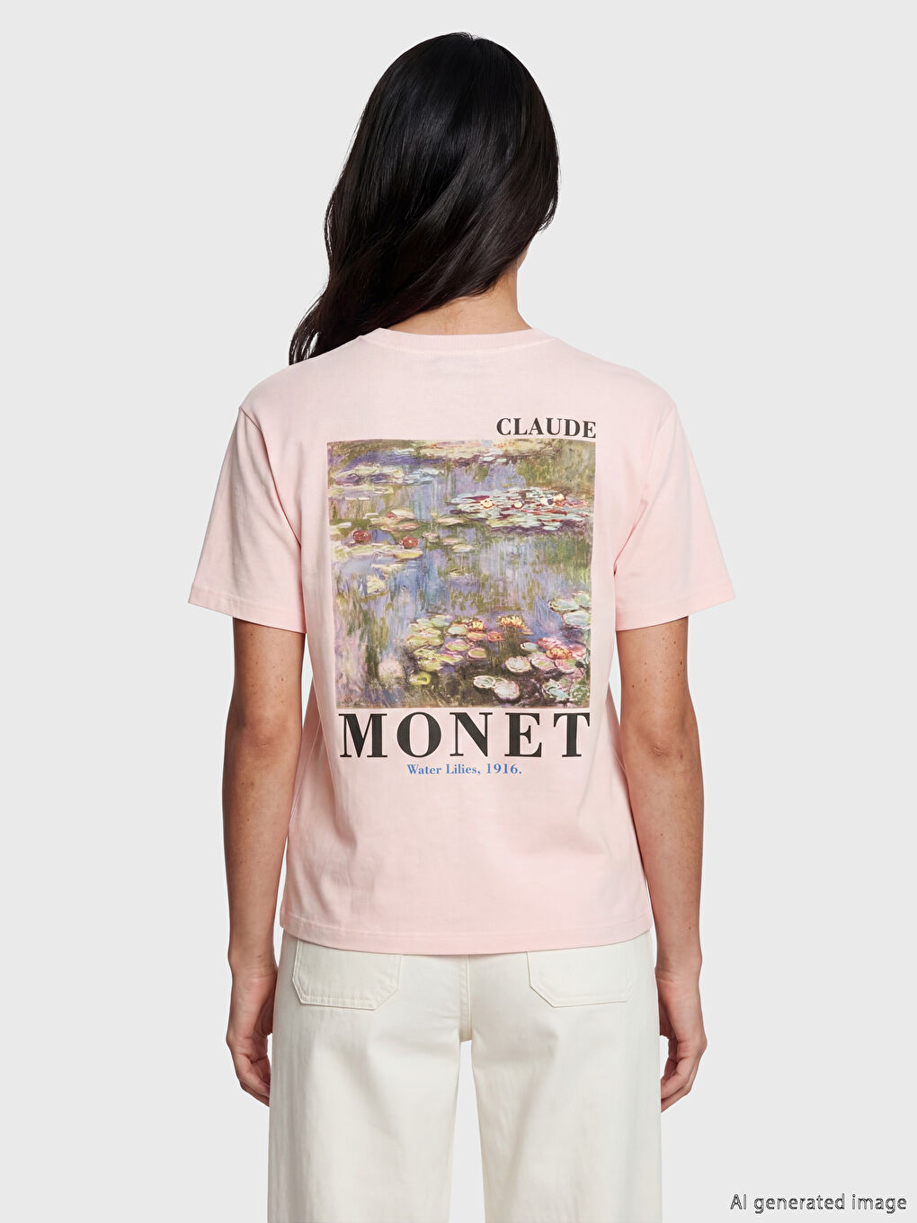 Pembe Claude Monet Baskılı Kadın Tişört-2