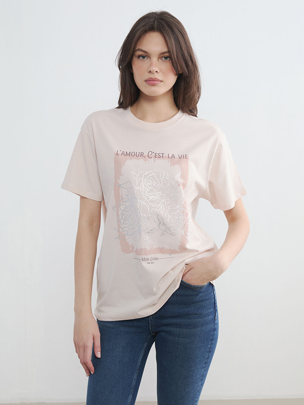 Pembe Bisiklet Yaka Baskılı Kadın Tişört