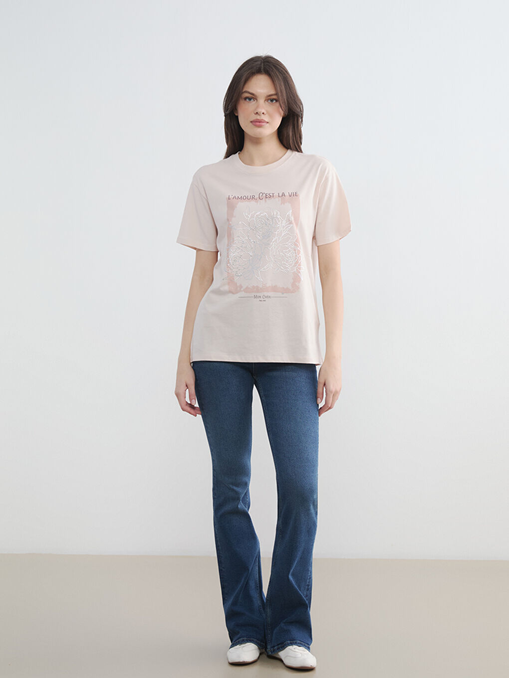 Pembe Bisiklet Yaka Baskılı Kadın Tişört-1