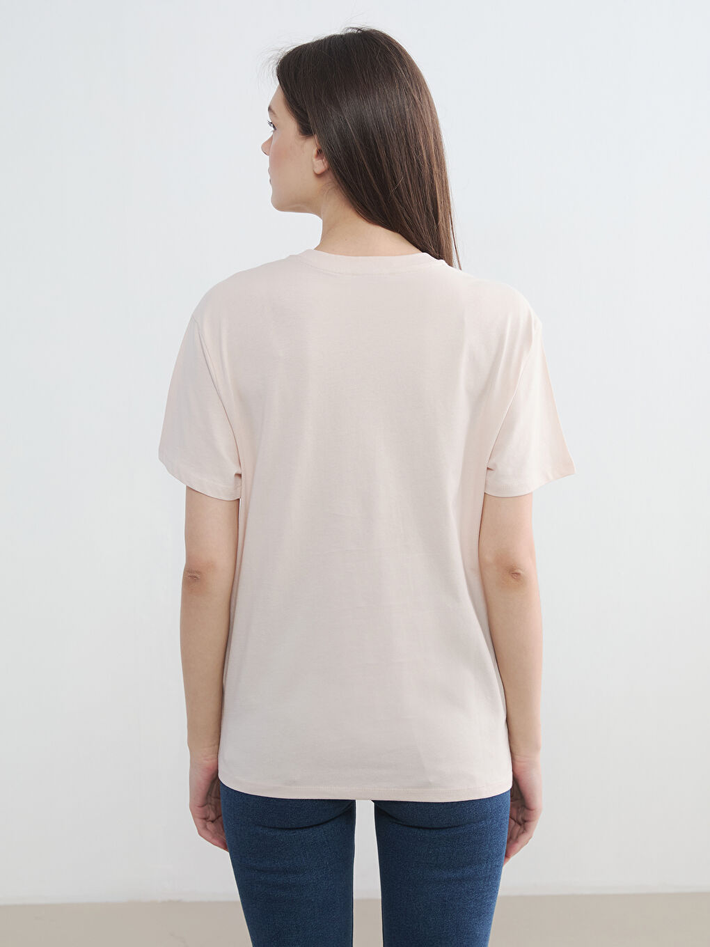 Pembe Bisiklet Yaka Baskılı Kadın Tişört-3