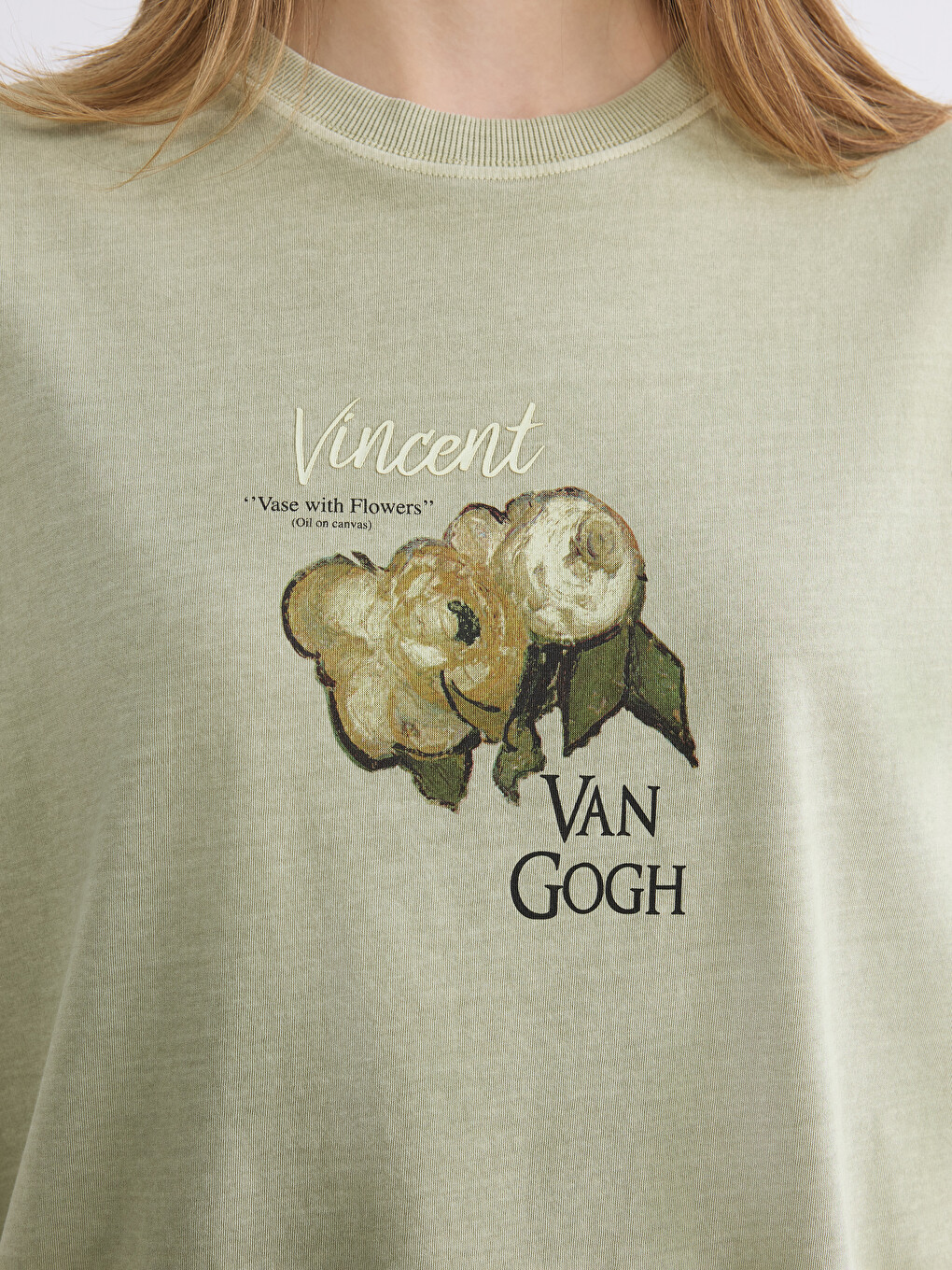 Haki Van Gogh Baskılı %100 Pamuklu Kadın Tişört-2